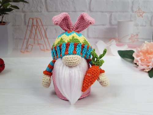 Pinetkishop Crochet pattern Easter bunny gnome with carrot, Crochet gnome amigurumi pattern