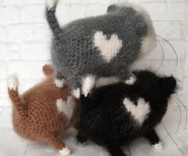 Grey shaggy cat with heart Fluffy crochet cat Fat knitted cat Funny gift stuff pet Cute toy animal Amigurumi plush cat