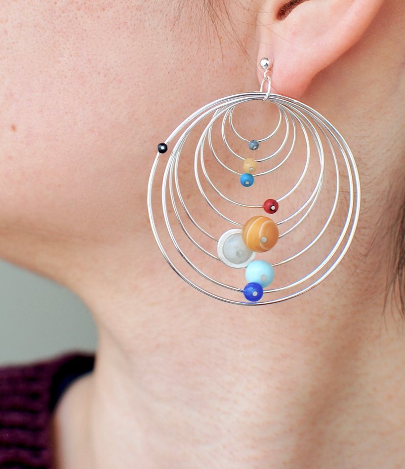 Sterling Silver Solar System Dangle Earrings with Stone Beads - ต่างหู - เงินแท้ สีเงิน
