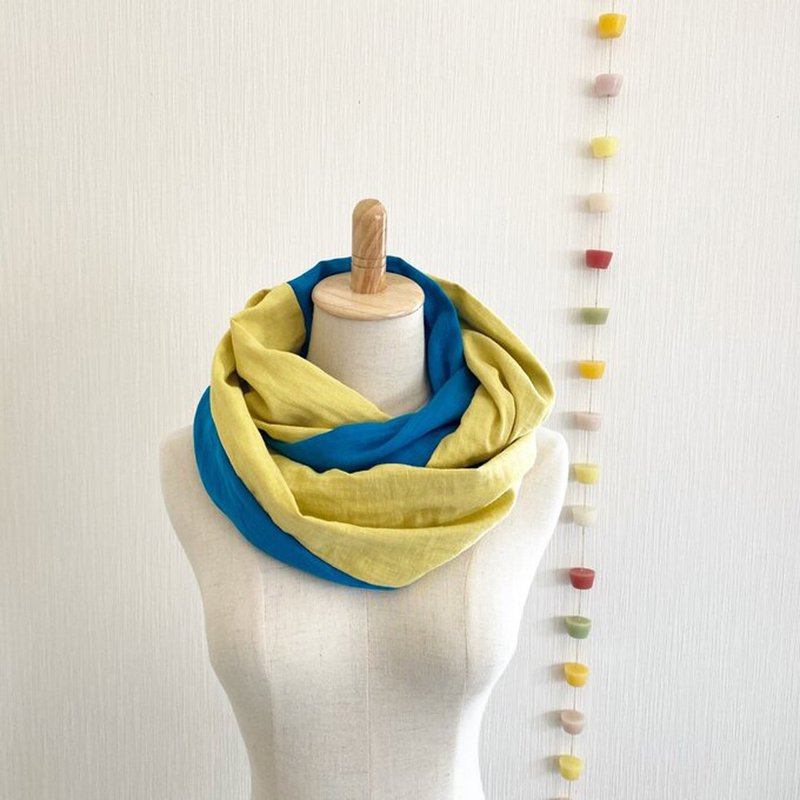 Made in Japan High quality double gauze fluffy dream feeling snood bicolor long type lemon yellow turquoise blue - Knit Scarves & Wraps - Cotton & Hemp Multicolor