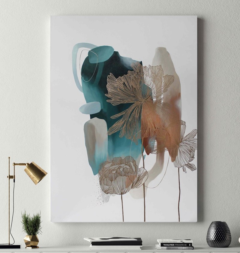 Gold Blue Flowers Painting | Abstract Flowers Blue Gold Wall art | Thincord 2 - 壁貼/牆壁裝飾 - 棉．麻 藍色
