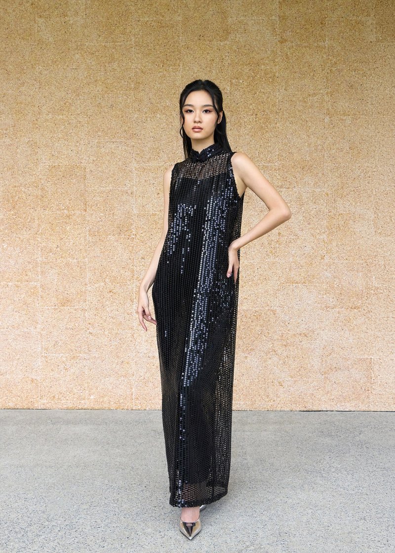 兩件式蕾絲襯裙旗袍 |晚裝禮服 |香港設計|古典 - 旗袍 - 聚酯纖維 黑色