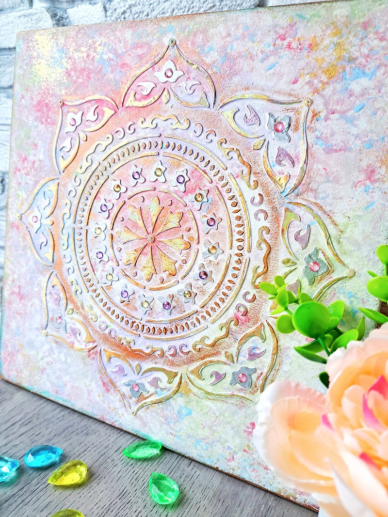 Mandala of Open Heart 30 cm Textured painting on plywood Sacred meditation art - Wall Décor - Wood Pink