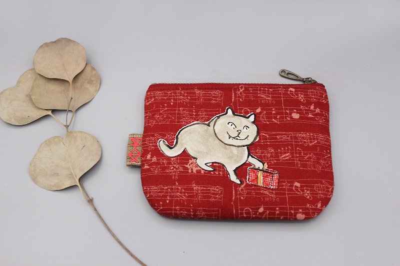 平安小樂包-聖誕貓咪與禮物(一隻白貓),雙面雙色日本棉麻小錢包 - 散紙包 - 棉．麻 紅色