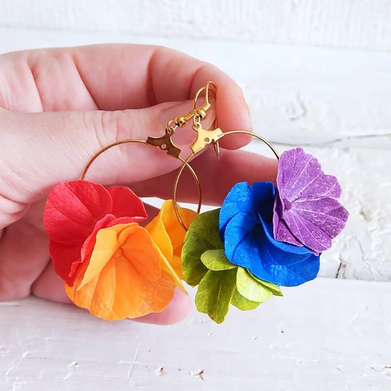 Lesbian earrings Rainbow hoop earrings Mismatched flower jewelry Lgbt gay pride - Earrings & Clip-ons - Other Materials Multicolor