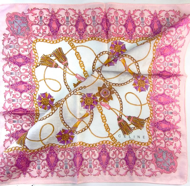 Vintage CELINE Paris Handkerchief - Baroque Chains & Tassels 22 x 22 inches - 手帕 - 棉．麻 粉紅色