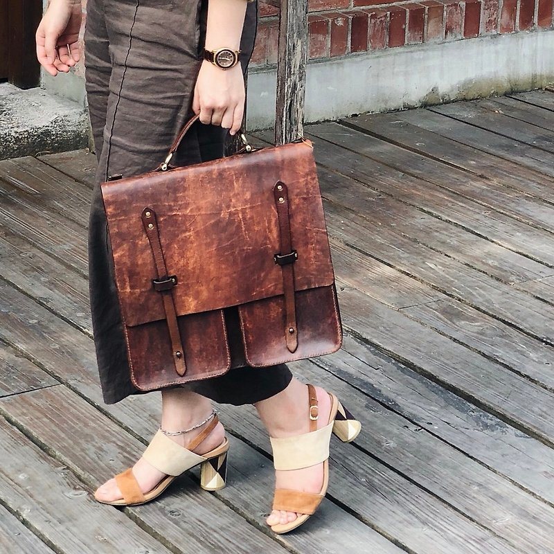Replica old hand dyed leather briefcase can be customized - Backpacks - Genuine Leather Brown