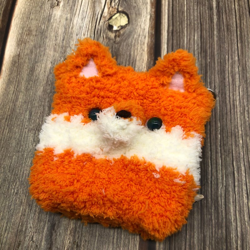 狐狸-毛線編織方塊包  零錢包  衛生棉包  拉鍊式錢包 小斜背包 - 散紙包 - 其他材質 橘色