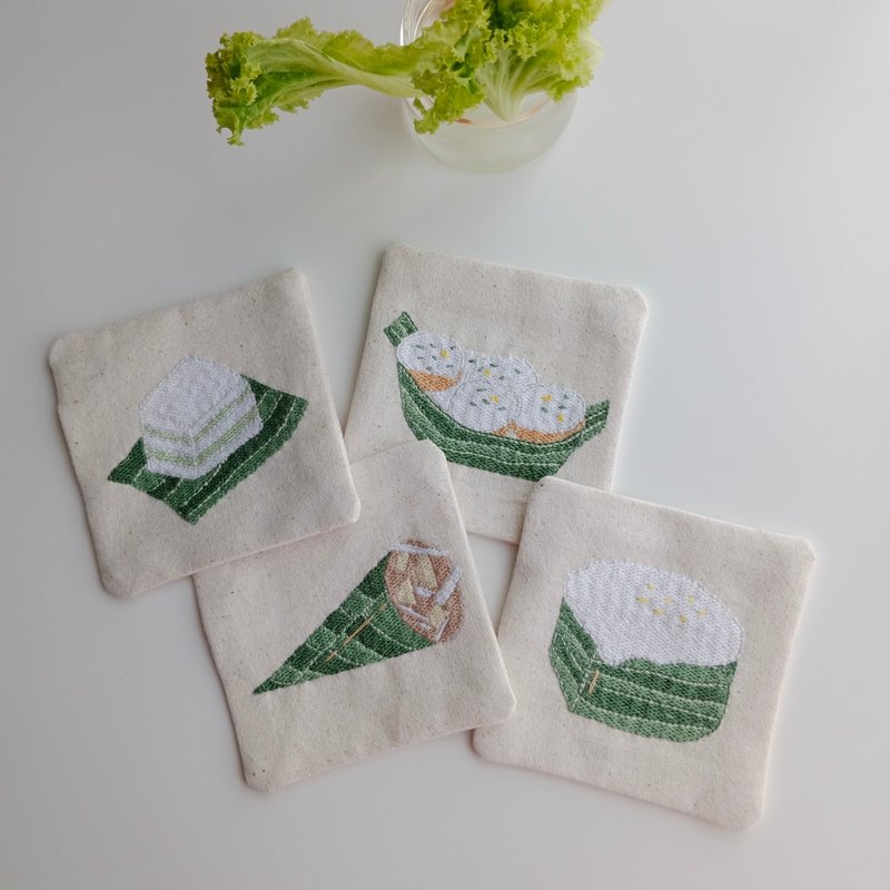 Thai dessert coaster set4 PCS hand embroidered cotton fabric - 杯墊 - 棉．麻 白色