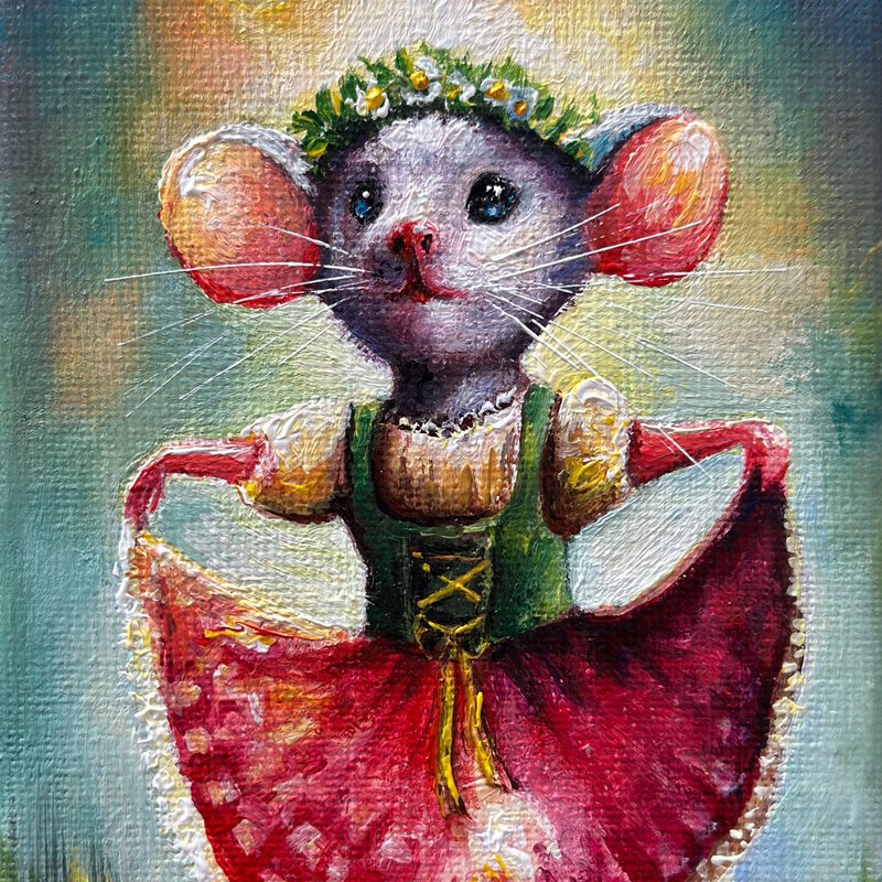 Original canvas painting Fairy Mouse, Cute animals, Woodland nursery room decor - 壁貼/牆壁裝飾 - 棉．麻 多色