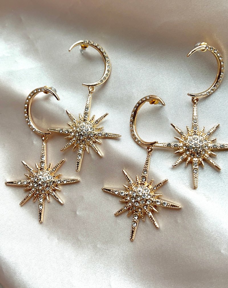 Wedding Bridal Bride Flower Star Silver Large Earrings - Earrings & Clip-ons - Other Metals Gold