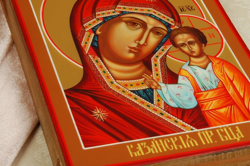 Virgin Mary Icon on wood Hand Painted Orthodox collectible religious art gift - 壁貼/牆壁裝飾 - 木頭 