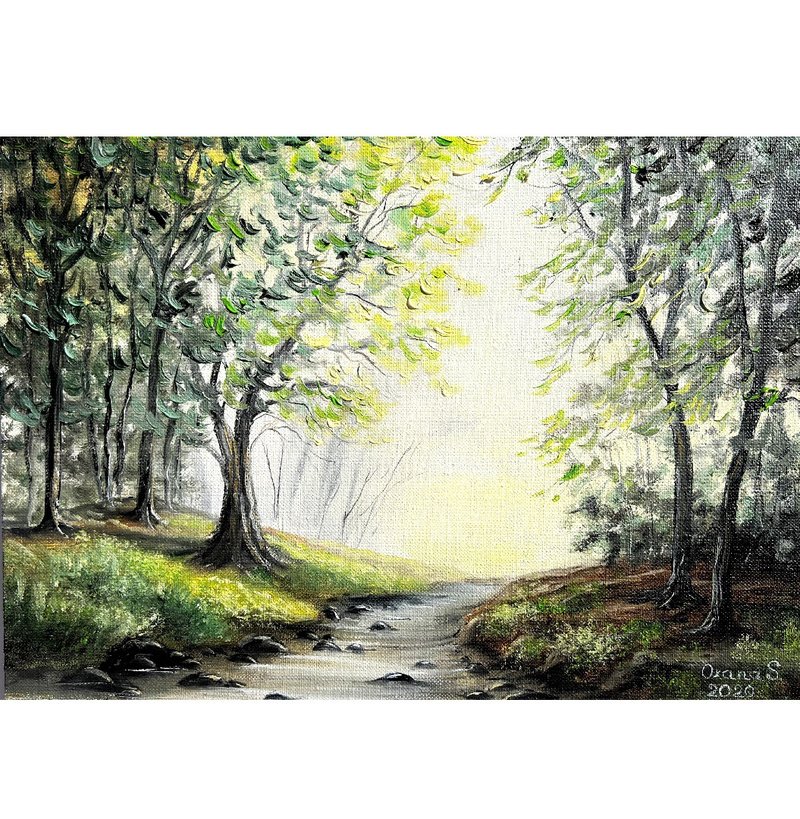 Trees Painting Stream Original Art Forest Artwork 25x35/ 10x14 inch by AnaskoArt - 海報/掛畫/掛布 - 棉．麻 多色