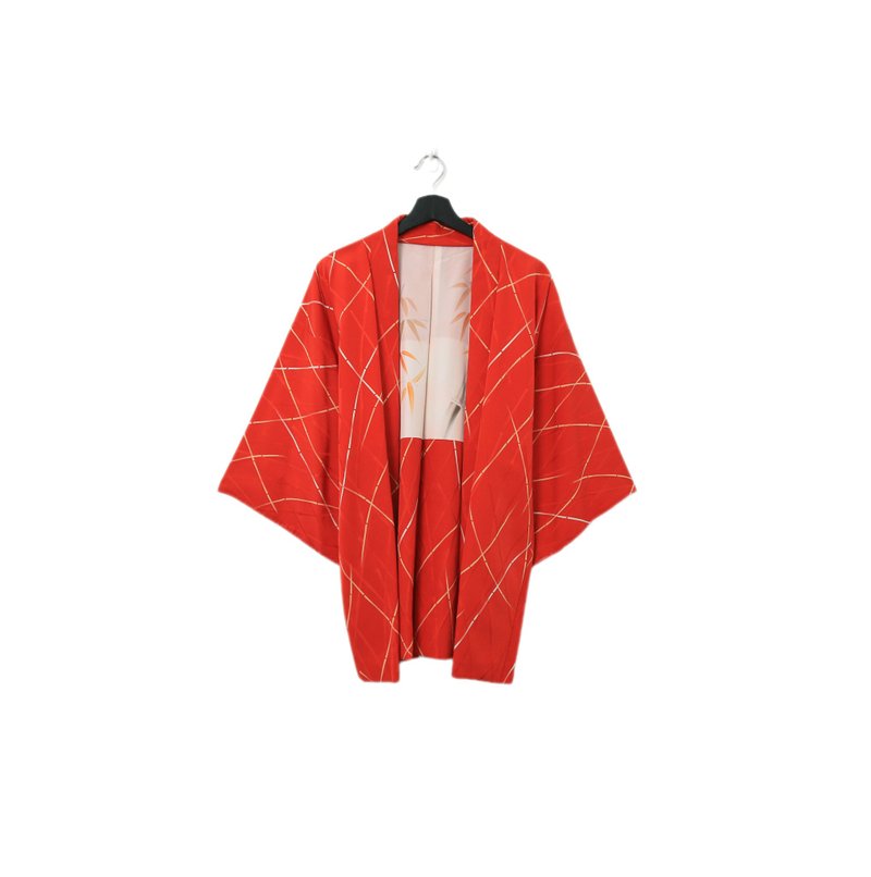 Back to Green-日本帶回羽織 橘紅 白線條 kb-87/vintage kimono - 女大衣/外套 - 絲．絹 