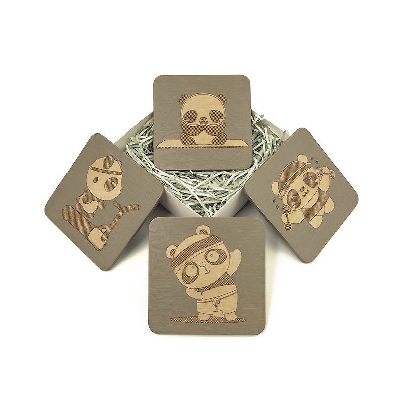 Customized Set of 4 Wooden Magnetic Panda Sport Fitness Yoga Coasters for Cups - 杯墊 - 木頭 多色