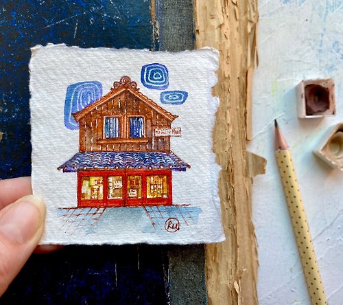 Rubinova Art Japanese painting Original art Shop watercolor Mini wall art Painting of house