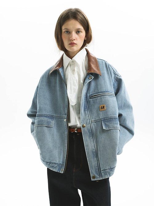 Unvesno (UN) New Vintage Retro Thick Leather Collar Heavy Washed Light Blue  Denim Jacket