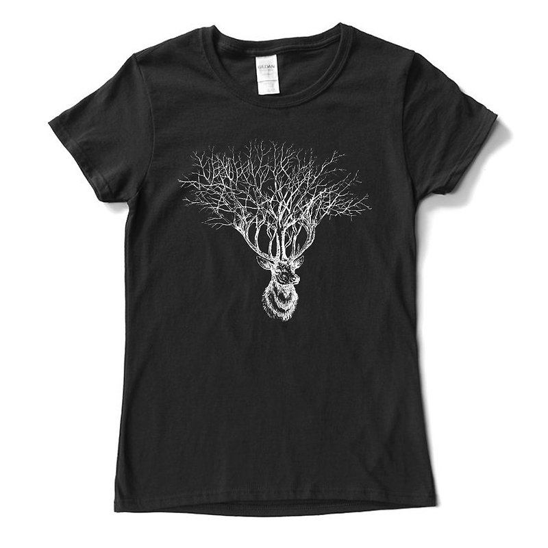 Deer Tree 男女短袖T恤  黑色 鹿樹麋鹿設計文青自創品牌動物 - 女 T 恤 - 棉．麻 