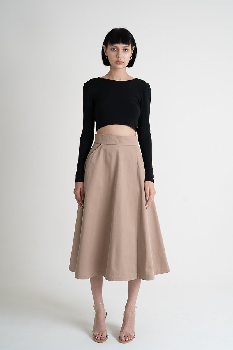 聚酯纖維 裙子/長裙 卡其色 - High Waist Pleated Skirt | 高腰工裝布修身傘裙
