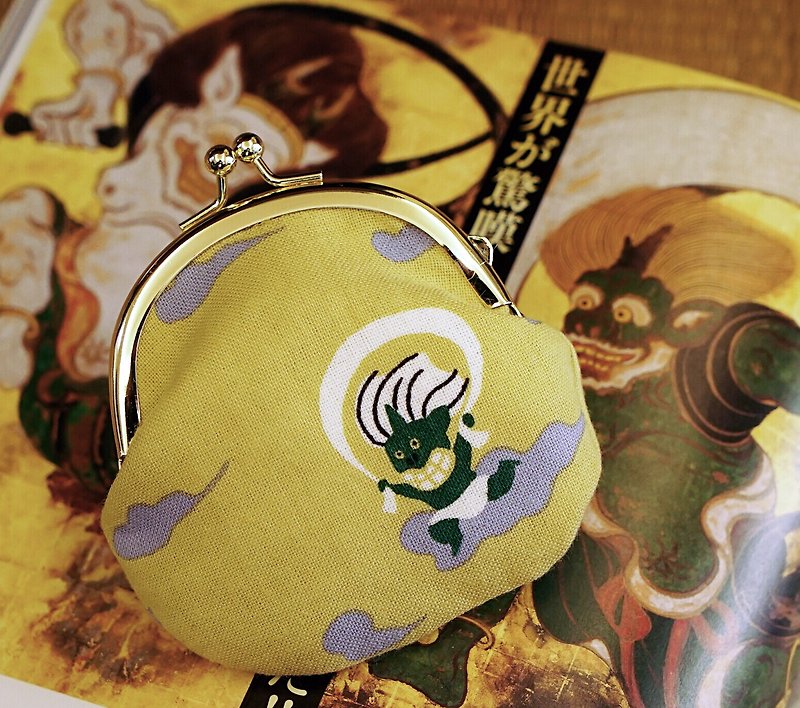 【神話】風神雷神小口金包 - 散紙包 - 棉．麻 黃色