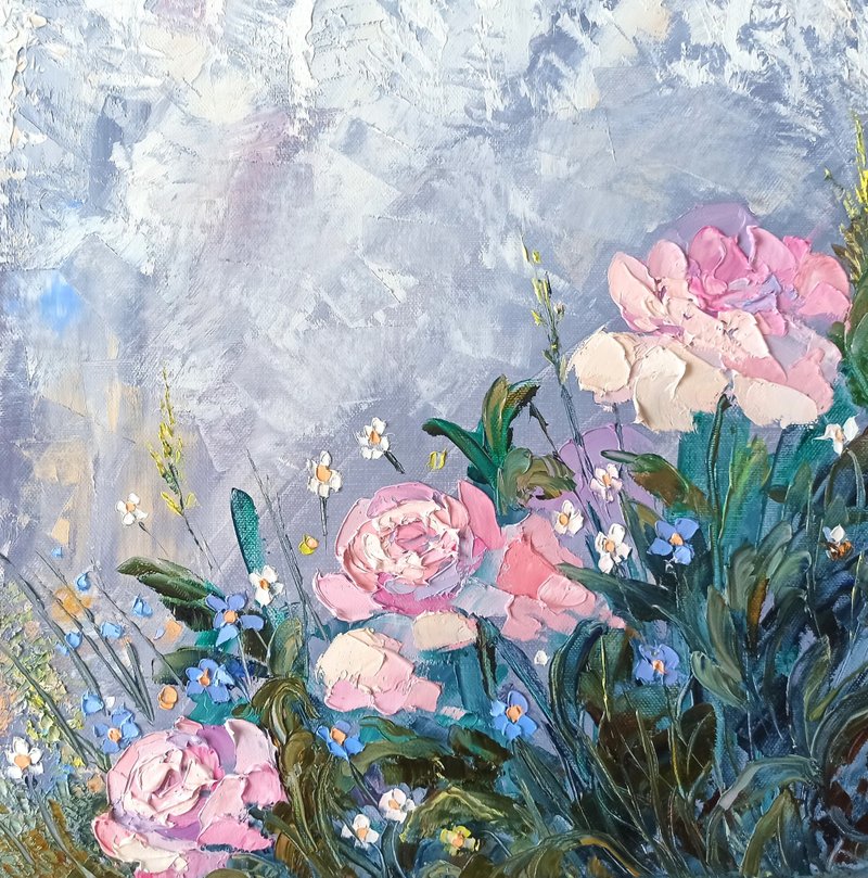 Pink Peonies Painting Original Art Flower Oil Painting on Canvas Impasto Artwork - 海報/掛畫/掛布 - 其他材質 粉紅色