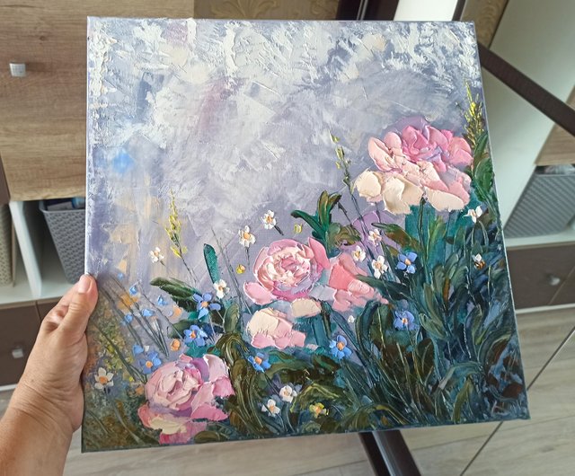 ピンクの牡丹の絵画 オリジナルアート 花の油絵 キャンバスに