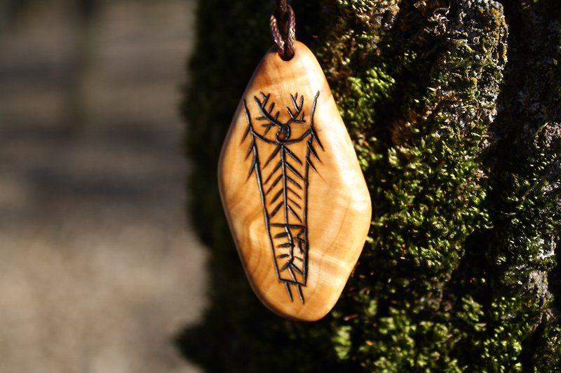 Shaman Necklace Ancient symbol Pyrographed Primeval shamanic tambourine Pendant - Necklaces - Wood 