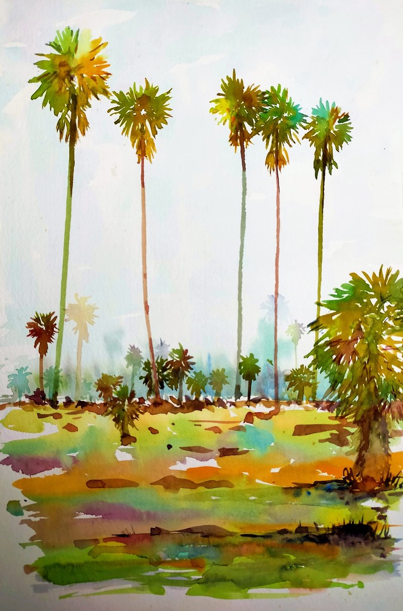 Watercolor painting of Palm Trees in the Field in Thailand - 電子似顏繪/繪畫/插畫 - 其他材質 