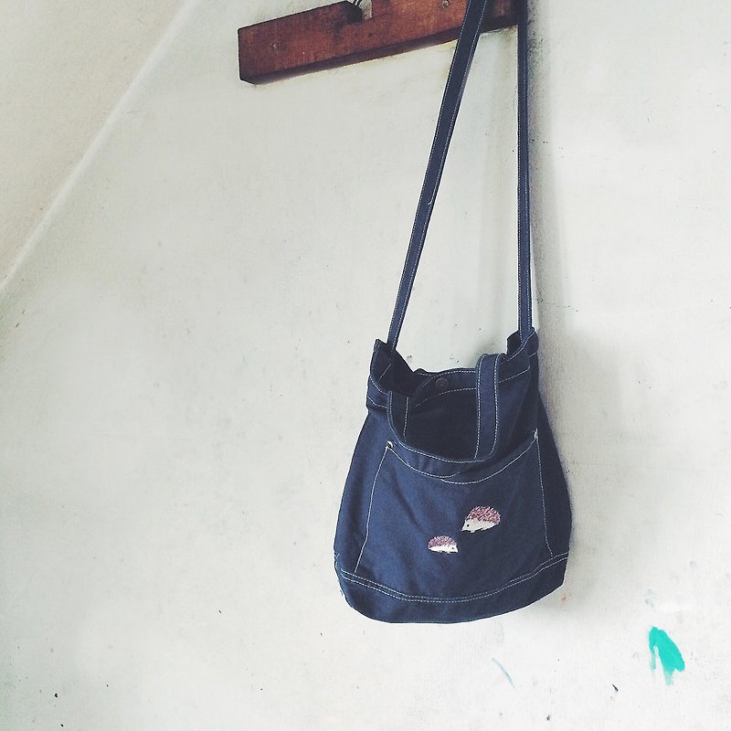 Hedgehog Embroidery - Canvas Crossbody Bag : Dark Blue - Messenger Bags & Sling Bags - Cotton & Hemp Blue