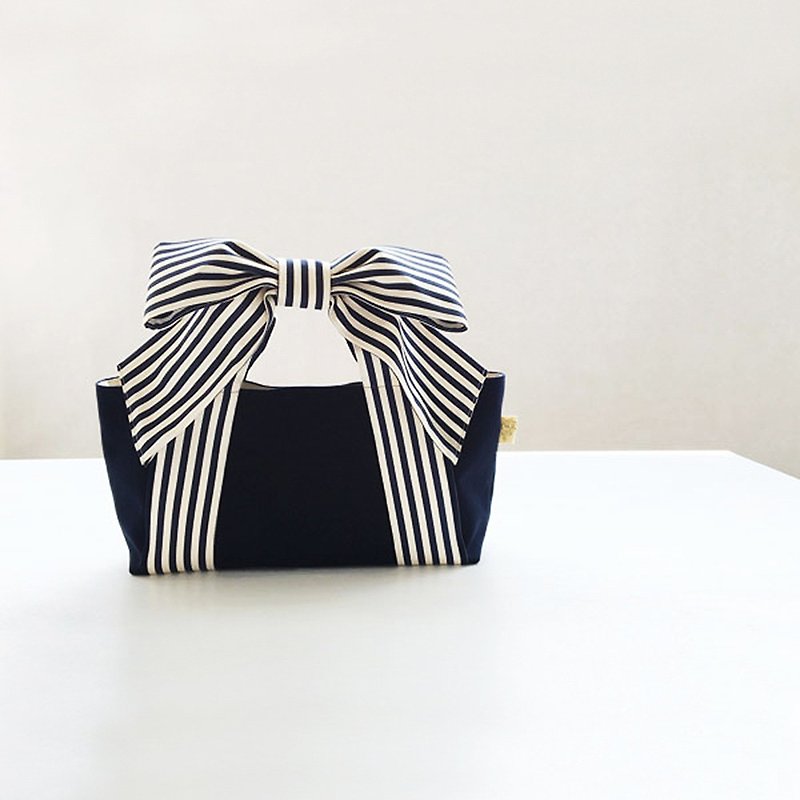 リボントートバッグ 紺色 ストライプ Ribbon Tote Bag, Dark Blue Stripe - 手提包/手提袋 - 棉．麻 藍色