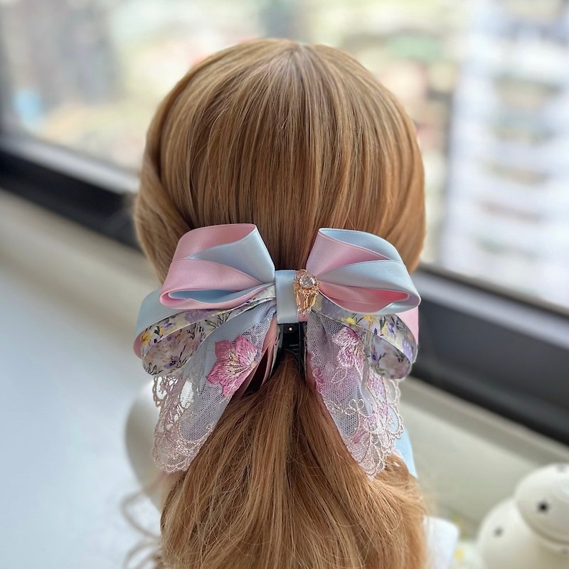 Exclusive lace bow intersecting clip banana clip fairy clip hair clip - blue and pink - Hair Accessories - Other Materials Blue