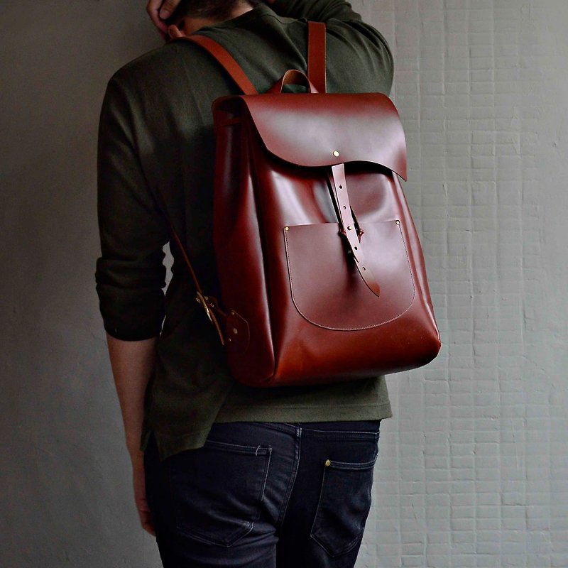[CC's Idol Baggage] Cowhide Backpack Red Brown Leather Travel Abroad Adjustable Length L Size - Backpacks - Genuine Leather Brown