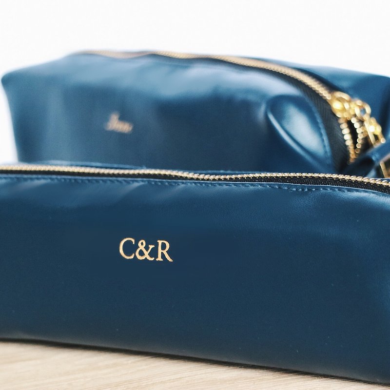 【客製化】 燙金名字 姓名 筆袋 大容量－深藍色皮革筆盒 - 筆盒/筆袋 - 人造皮革 藍色