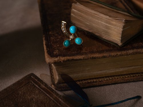 鑲珹古董珠寶 1890s 英國維多利亞時期 珍珠綠松石三葉草胸針