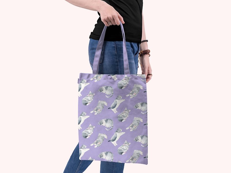 Cat Cat Kitten Canvas Tote Bag Tote Bag Canvas Bag Side Backpack Trash Bag - กระเป๋าถือ - ผ้าฝ้าย/ผ้าลินิน สีม่วง