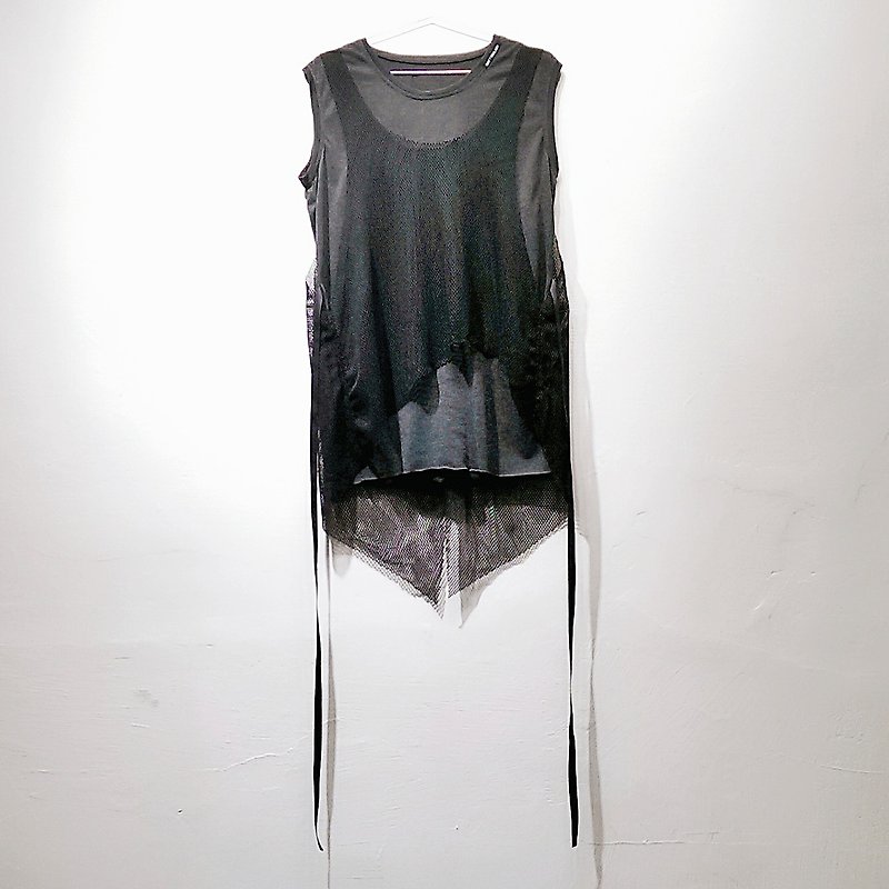 暗黑中性兩件式漁網綁帶上衣(男) Ray77 Galaxy - T 恤 - 聚酯纖維 灰色