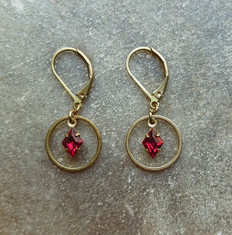 紅色古董玻璃圓型耳環 - 耳環/耳夾 - 其他金屬 紅色