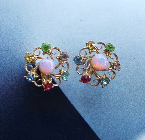 老時光角落 Vintage Jewelry 西洋古董飾品 旋轉彩色鑽 星花 栓式耳環