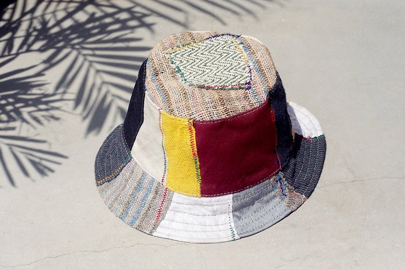 限量一件 民族拼接手織棉麻帽 / 漁夫帽 / 遮陽帽 / 拼布帽 - 撞色拼接民族風 - 帽子 - 其他材質 多色