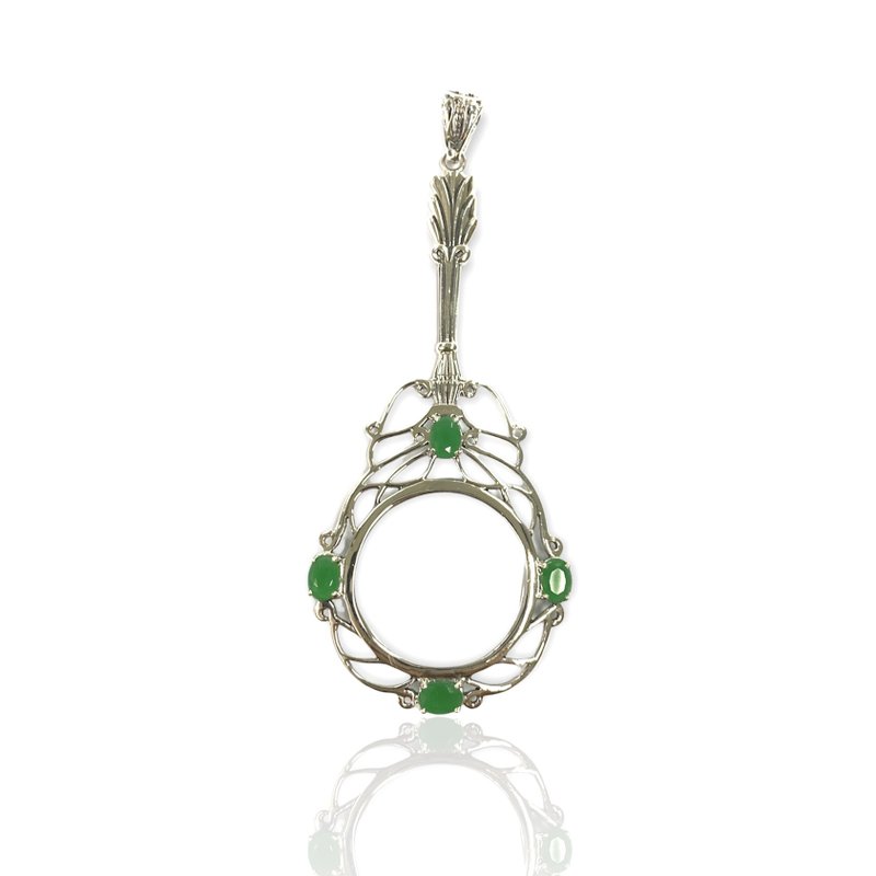 Victorian Style Magnifying Glass Loop Pendant Emerald Stone 925 Sterling Silver - อื่นๆ - เงินแท้ สีเงิน