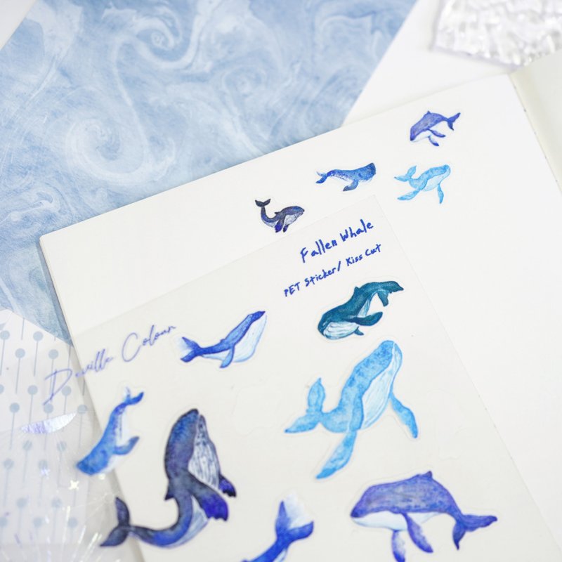 【Fallen Whale】PET White Ink Sticker Sheet - Stickers - Plastic Blue