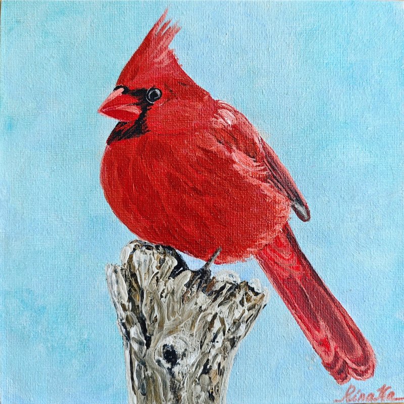 Cardinal Bird Winter Painting Original Christmas Art By RinaArtSK - Wall Décor - Other Materials Red