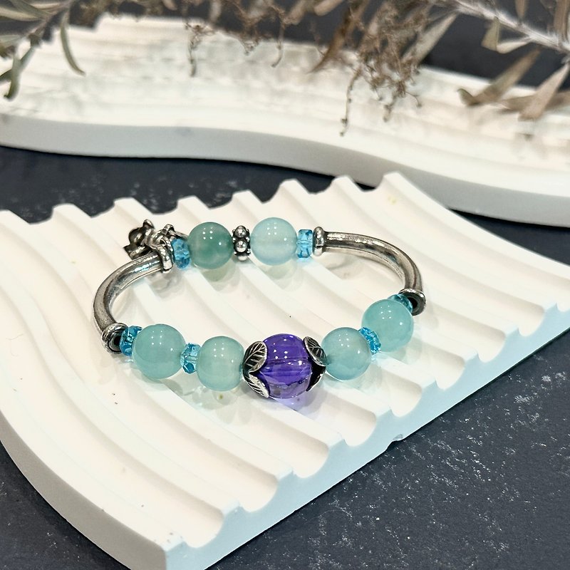 紫色鋯石珠 A級海藍玉髓 純銀銀管【美人魚的寶珠】 - 手鍊/手鐲 - 寶石 藍色