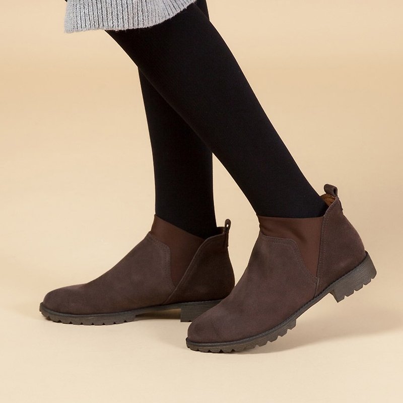 【英倫回憶】 防水彈力萊卡布簡約牛皮短靴-巧克力(23) - 女款短靴 - 真皮 咖啡色