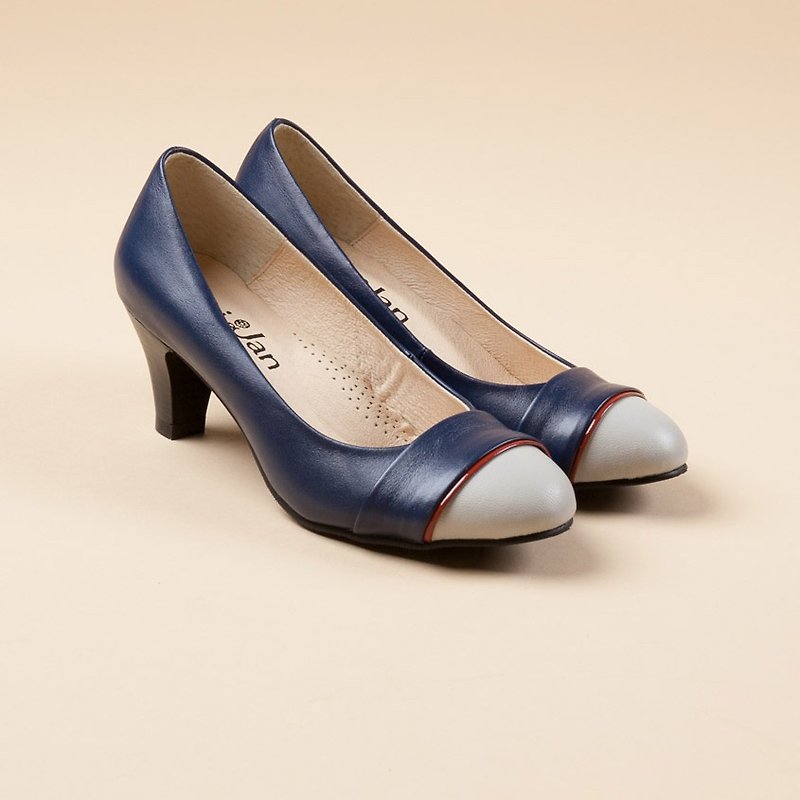 [French Waltz] Elegant Contrast Leather Mid Heel Shoes_French Classic Blue (No. 25) - รองเท้าส้นสูง - หนังแท้ สีน้ำเงิน