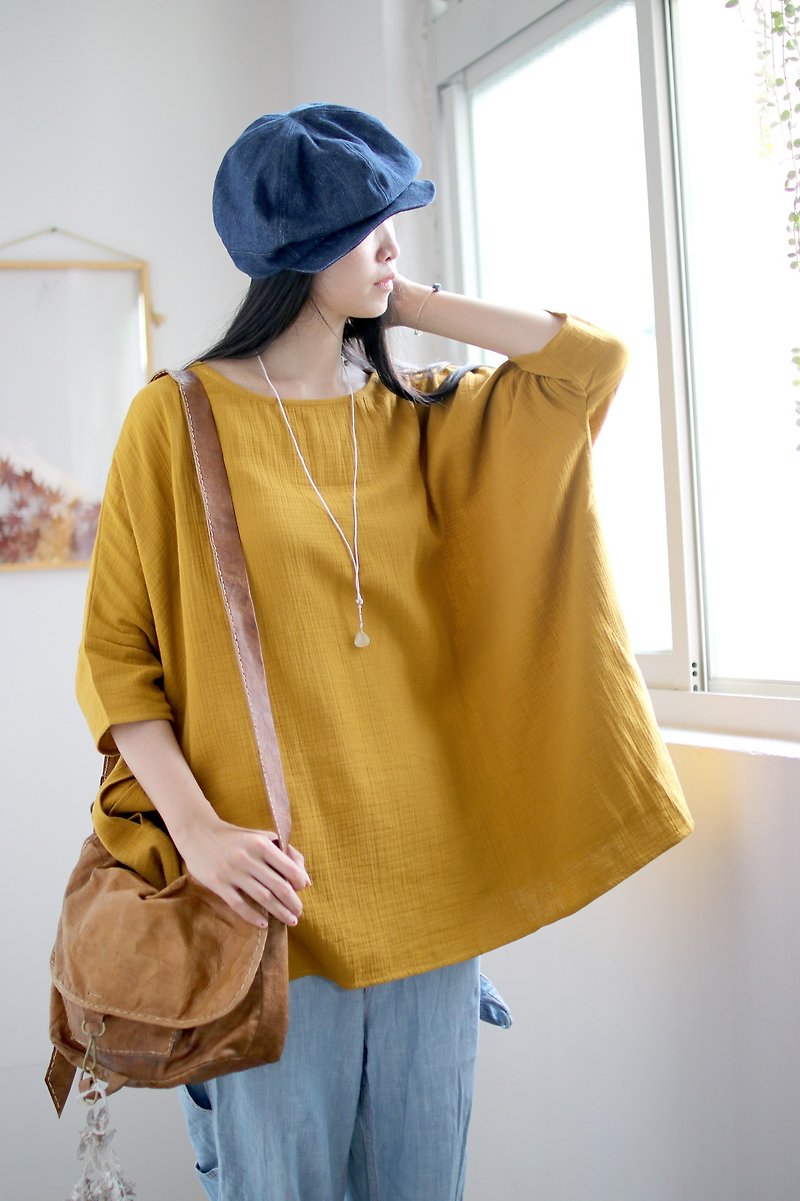 OMAKE OG five-point sleeve after the buckle buckle mustard yellow (green fringed) - Women's Tops - Cotton & Hemp Yellow