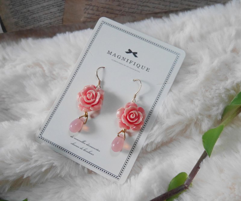 925 Silver| Earrings-Ear Hooks | Coral Rose Dangle Earrings - ต่างหู - เงินแท้ สีเงิน