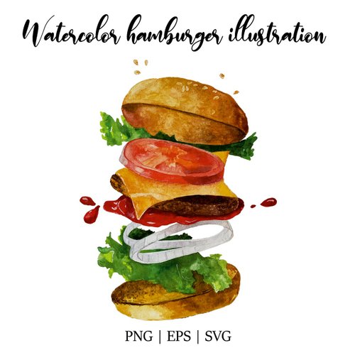 Art and Funny Watercolor deconstructed hamburger illustration PNG SVG EPS