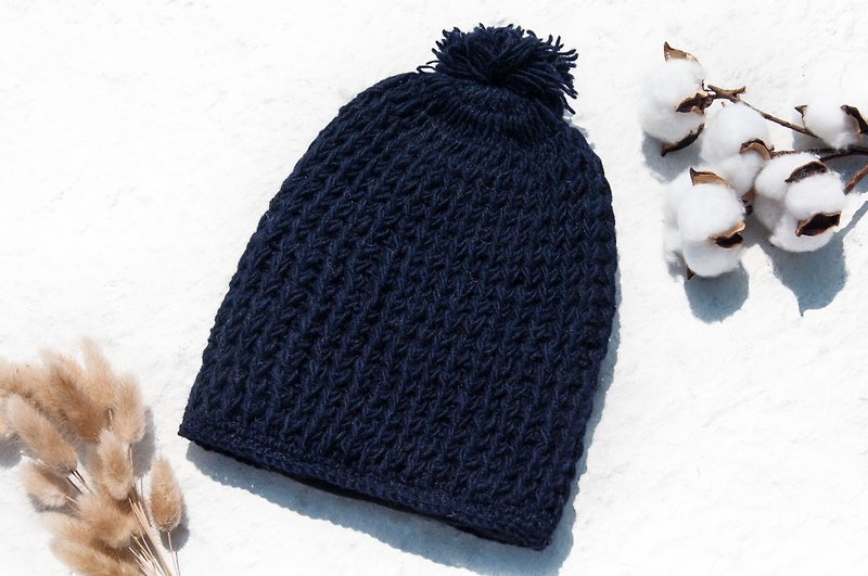 Hand-knitted pure wool hat/knitted woolen hat/inner brushed hand-knitted woolen hat/hand-knitted woolen hat-Japan Zhangqing - หมวก - ขนแกะ สีน้ำเงิน