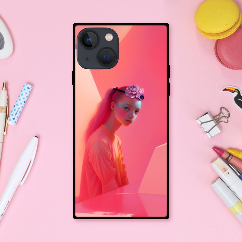 ゆめかわいいコーラルピンクでメルヘンチックな女の子と花 スクエア型スマホケース【強化ガラス仕上げ】iPhone16 対応 - 手機殼/手機套 - 塑膠 多色